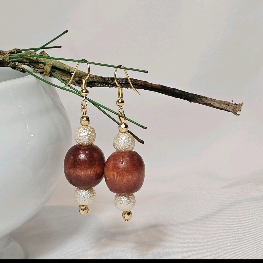Beaded Wooden Drop Earrings: Natural Wood, Minimalist Boho Style